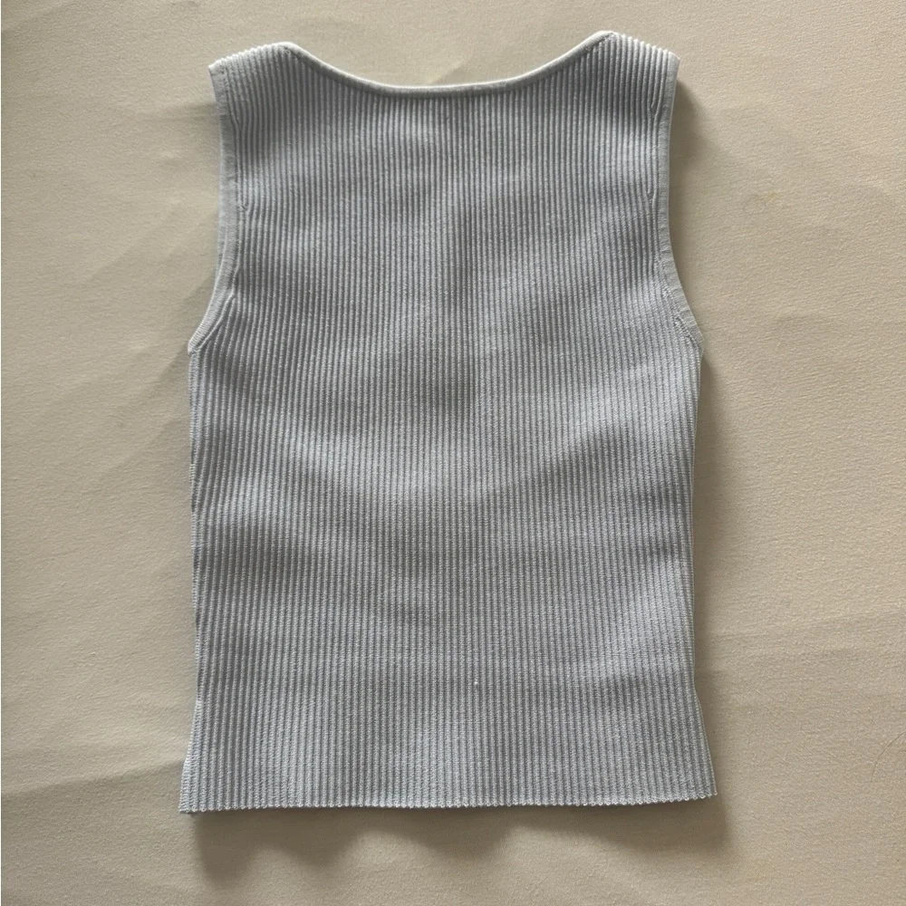 Aritzia Babaton Sculpt Knit Top in light blue. Low back and boatneck - Picture 3 of 4